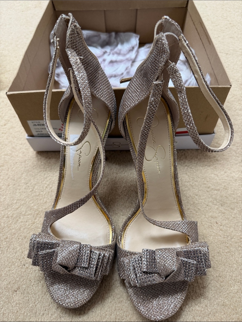 Jessica Simpson Glitter Taupe Bow Slingback Heels